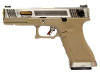 Пистолет WE-G002WET-4 Glock 18 G-Force (G18C T4) (слайд металл хром, рамка Tan, ствол золотистый)